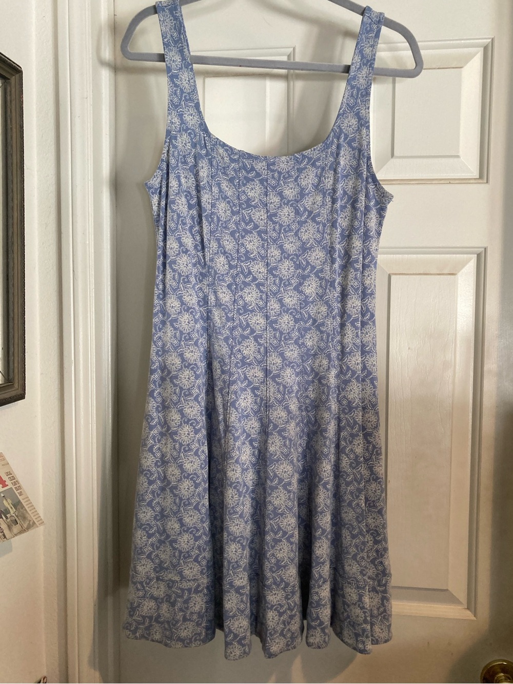 Loft-Blue Floral Ponte Scoop Neck Seamed Mini Dress